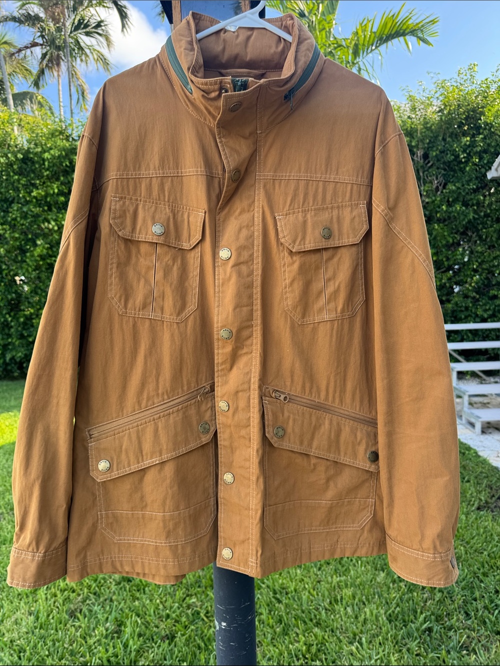 Orvis Brown Field Hunting Jacket Green Trim Hood Pockets Large